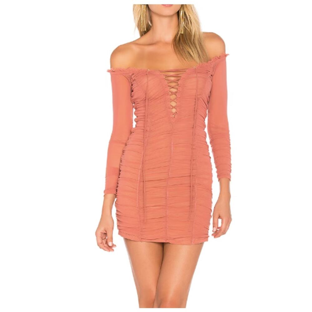 MAJORELLE Pink Darling Ruched Lace Up Bodycon Dress (Large)